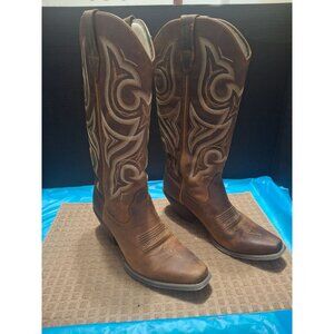 Western Faux Leather Cowboy Boots Distressed Brown Embossed Design Size 6.5